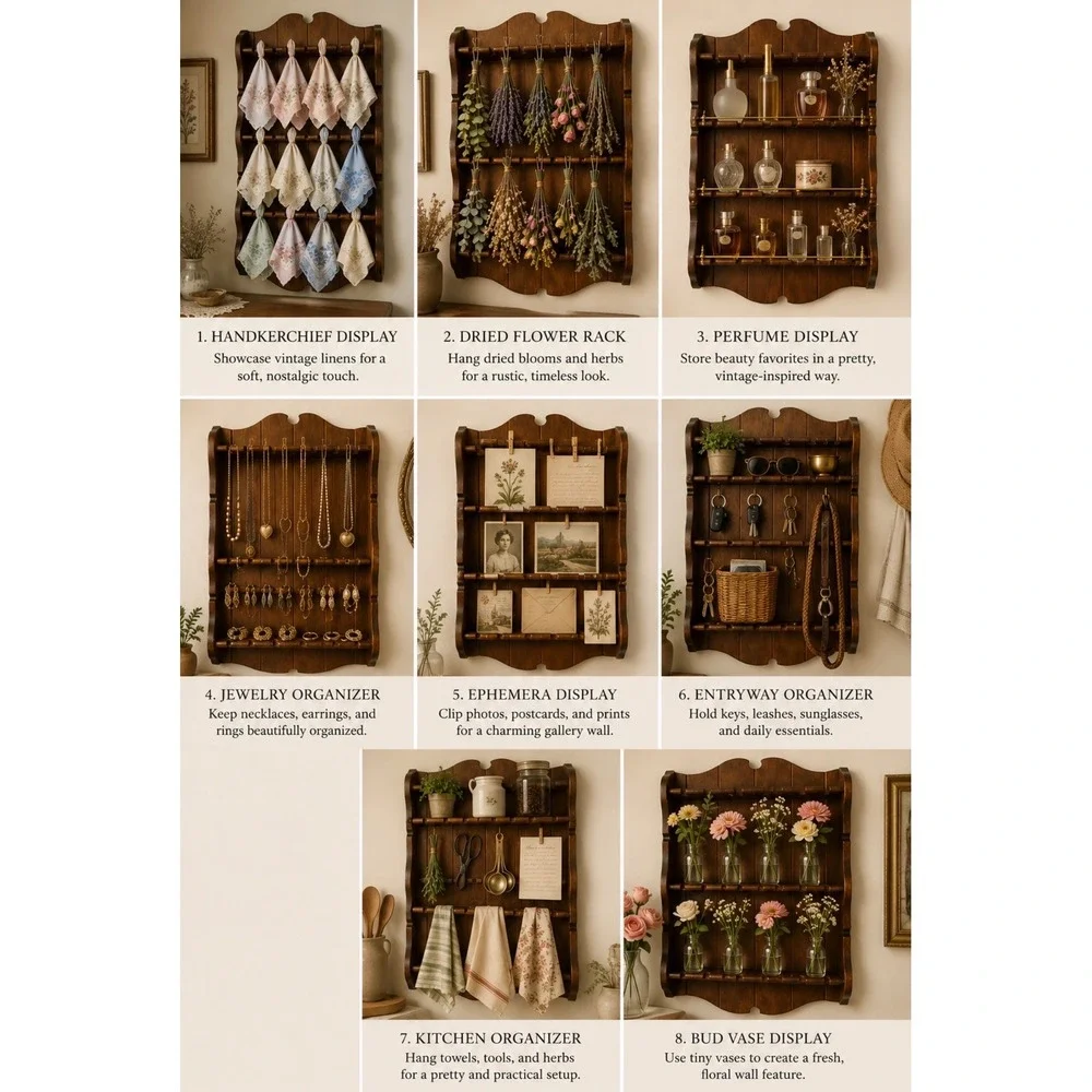 Vintage Wood Wall Spoon Rack 3-Tier Cottagecore Jewelry Floral Display Shelf